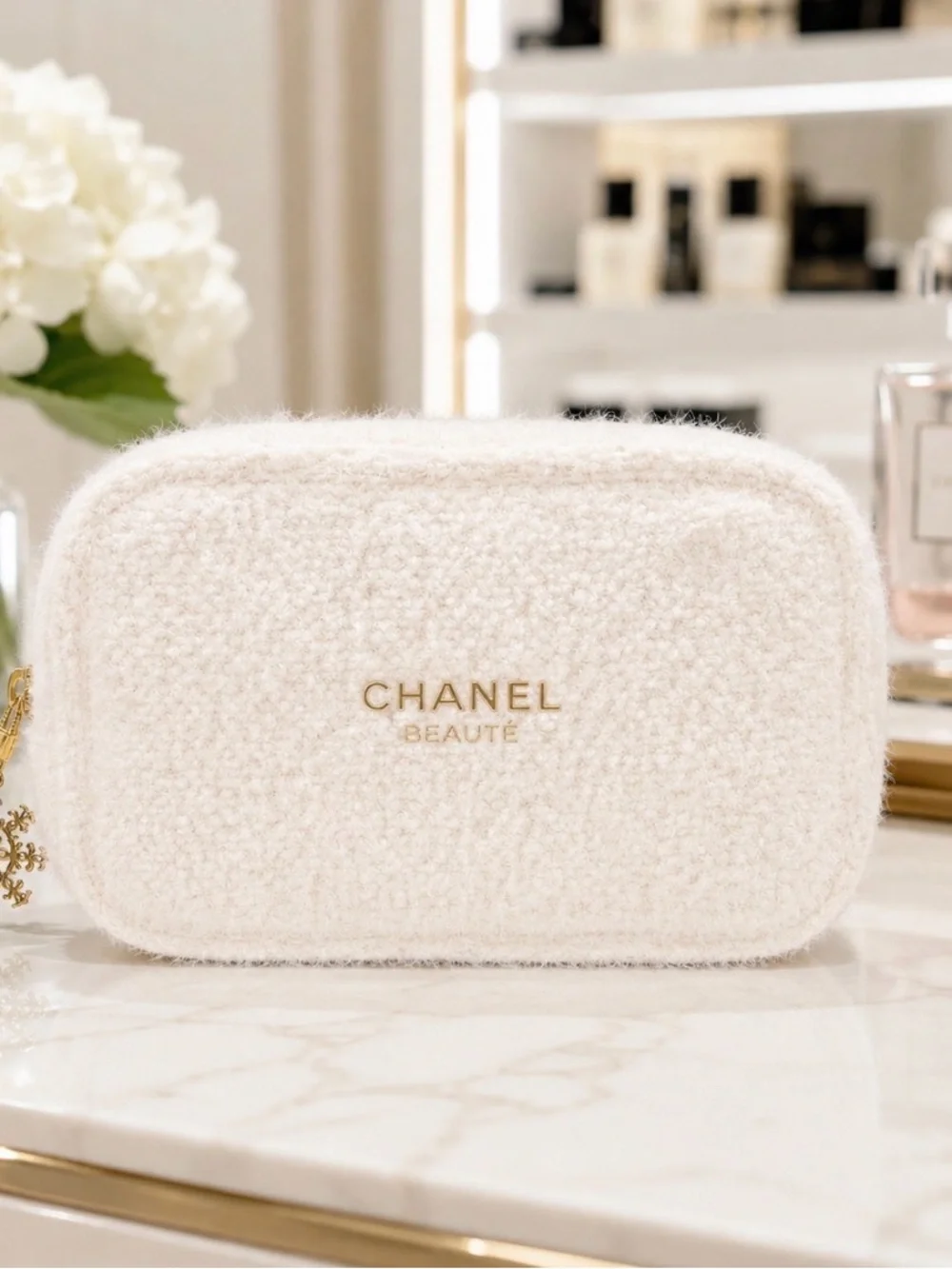 Beauté Cream Textured Cosmetic Pouch gold snowflake charm